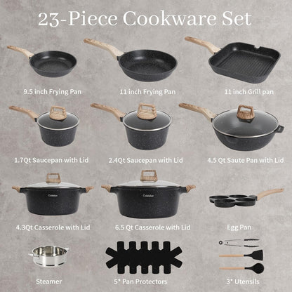 Pots and Pans Set, Nonstick Kitchen Cookware Sets，23Pcs Black Granite Induction Non-Toxic Healthy Kitchen Cooking Set W/Frying Pans, Saucepans, Griddle, Eggpan（Pfos, PFOA Free）2