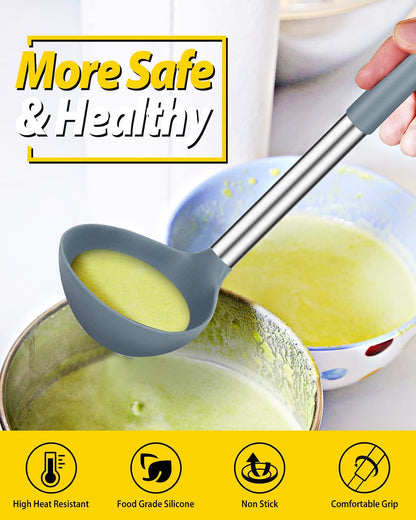 Silicone Soup Ladle Spoon Kitchen Utensils, 2 Pack, Grey-Blue4