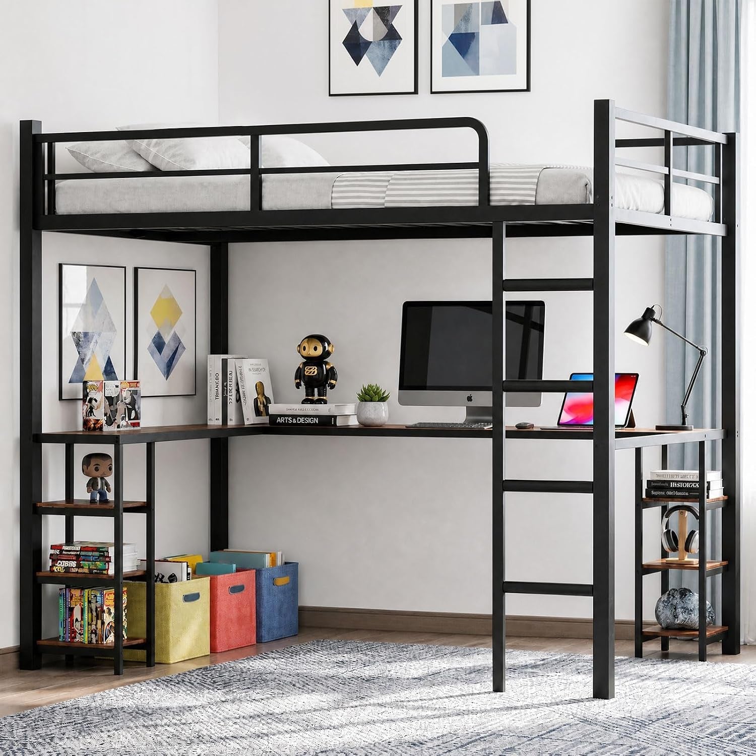 full-size-loft-bed-with-desk-shelves-and-clothes-rack-black