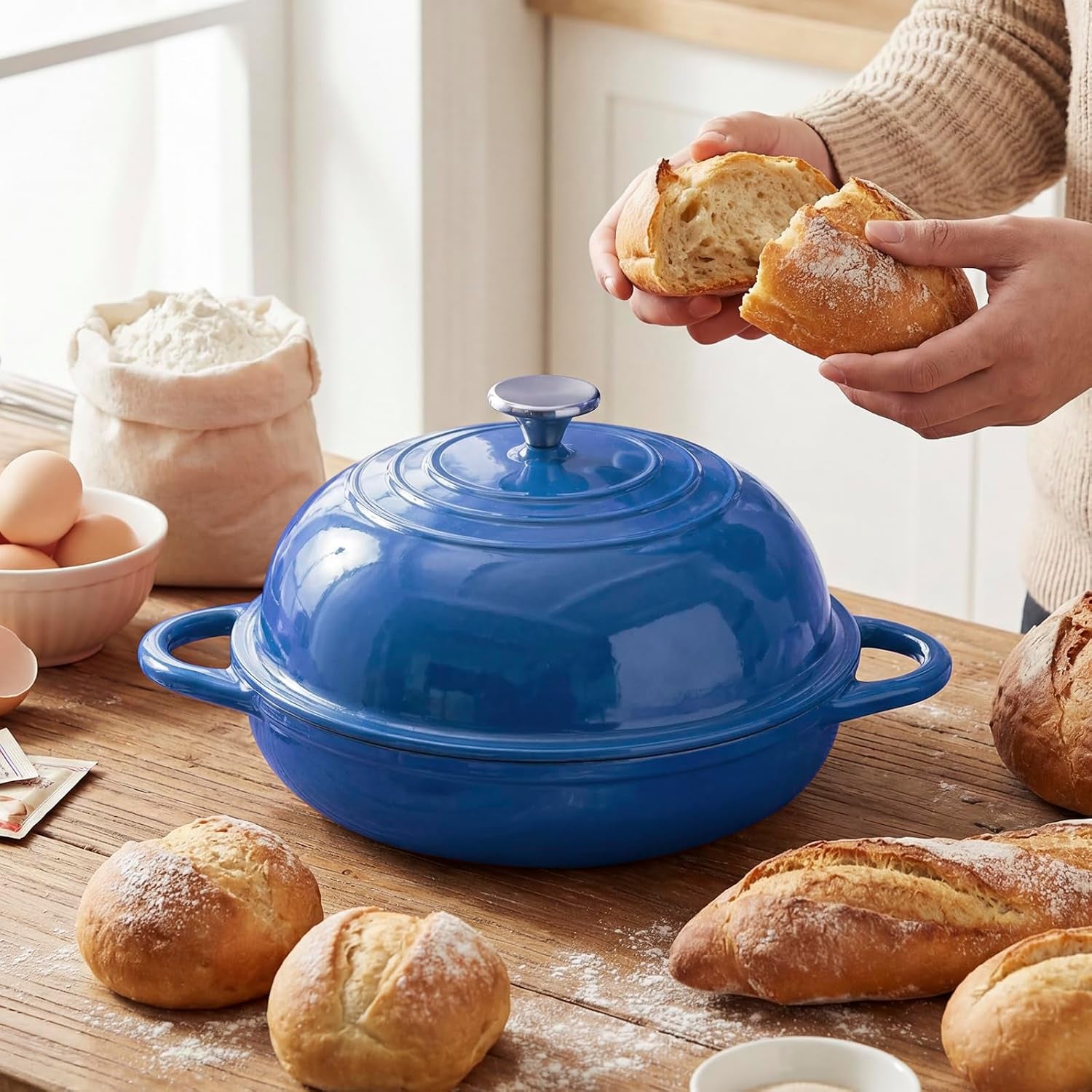 dutch-oven-cast-iron-bread-oven-with-cloche-dome-lid-for-baking-sourdough-artisan-bread-pizza-enameled-cast-iron-combo-cooker-for-baking-braising-roasting-magenta-enameled-finish