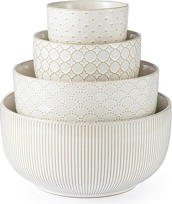 Mikiegy Ceramic Mixing Bowls Set of 4, Nesting Ceramic Embossment Stoneware Mixing Bowls for Cooking, Serving, Popcorn, Salad Etc, Microwave & Dishwasher Safe, 20/44/98/145 Oz, Off-White1