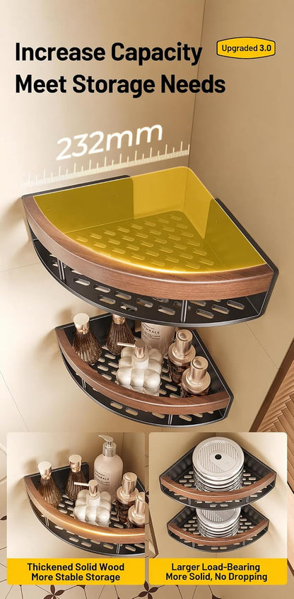 2-Pack Corner Shower Caddy with Walnut Wooden Shelf, Wall Mounted Bathroom Organizer, Matte Black Aluminum Alloy Storage Rack for Toilet, Dorm and Kitchen2