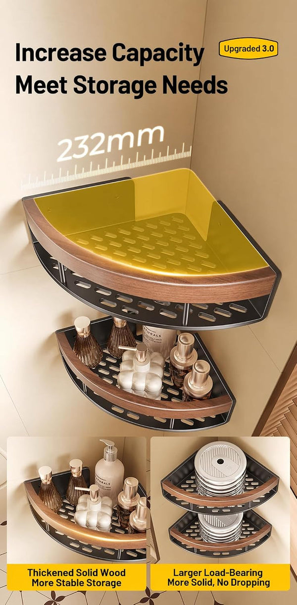 2-Pack Corner Shower Caddy with Walnut Wooden Shelf, Wall Mounted Bathroom Organizer, Matte Black Aluminum Alloy Storage Rack for Toilet, Dorm and Kitchen2