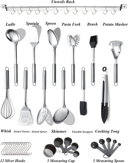 Kitchen Utensils Set 38 Pieces, Stainless Steel Cooking Utensils Set, Kitchen Gadgets Cookware, Kitchen Tool Set with Utensil Holder Rack and Hooks for Hanging Dishwasher Safe2