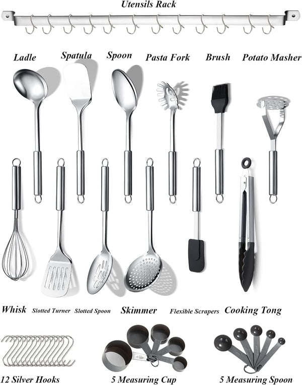 Kitchen Utensils Set 38 Pieces, Stainless Steel Cooking Utensils Set, Kitchen Gadgets Cookware, Kitchen Tool Set with Utensil Holder Rack and Hooks for Hanging Dishwasher Safe2