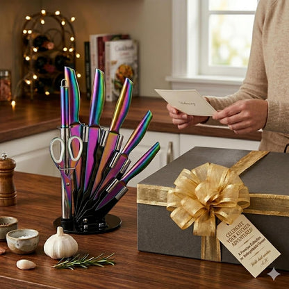 8-Piece Rainbow Kitchen Knife Set with Black Block Luxury Gifts | Rainbow Titanium-Coated Stainless Steel Chef Knife Set with Sharpener,Sharp,Non-Stick,Ergonomic Handle,For Modern Kitchen7