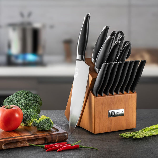 Wood Kitchen Set Knife Set for Kitchen with Block Stainless Steel Knives 17 Pcs and Cutting Board with Groove,Black Handles and Sharp Stainless Steel Professional Chef Knife Set4