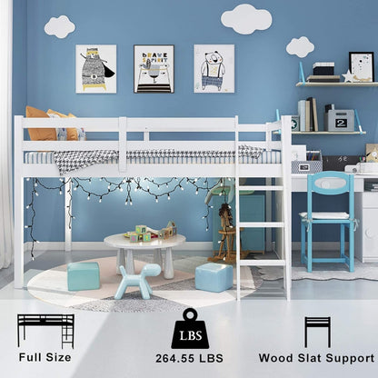 Junior Low Loft Bed with Stairs, White Wood Loft Bed Full Size for Adults, Kids and Young Teens, No Box Spring Required,Wood Slat Support4