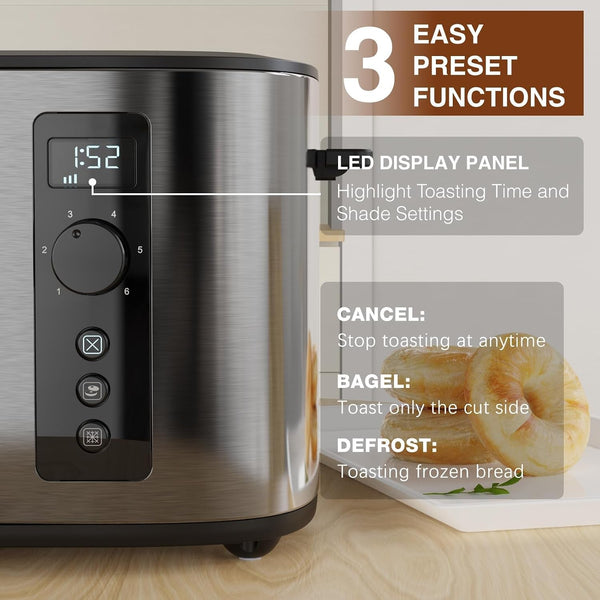 Toaster 4 Slice with Countdown Timer, Extra Wide Slots for Bagels and Waffles, 6 Browning Settings, Removable Crumb Tray, Stainless Steel4