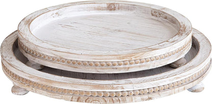 2 Piece Whitewashed Wooden Serving Tray Set with Beaded Design, Farmhouse Centerpiece Table Decorations, round Coffee Table Tray for Living Room Home Decor, Ottoman Tray Decor for Rustic Styles1