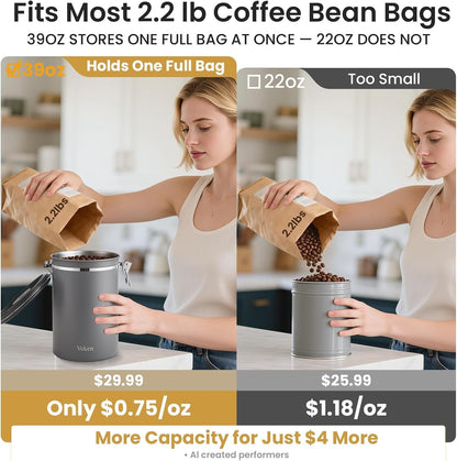 Coffee Canister,39Oz, 2.2Lbs,Large Airtight Stainless Steel Container3
