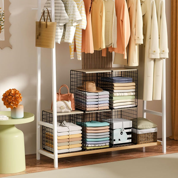 3-Pack Taller Closet Organizers and Storage with Wood Top, Stackable Wire Storage Bins for Clothes, Bags, Towels, Double Storage Design, Sturdy Metal Cube Shelf Organizer for Closet Wardrobe, Black6