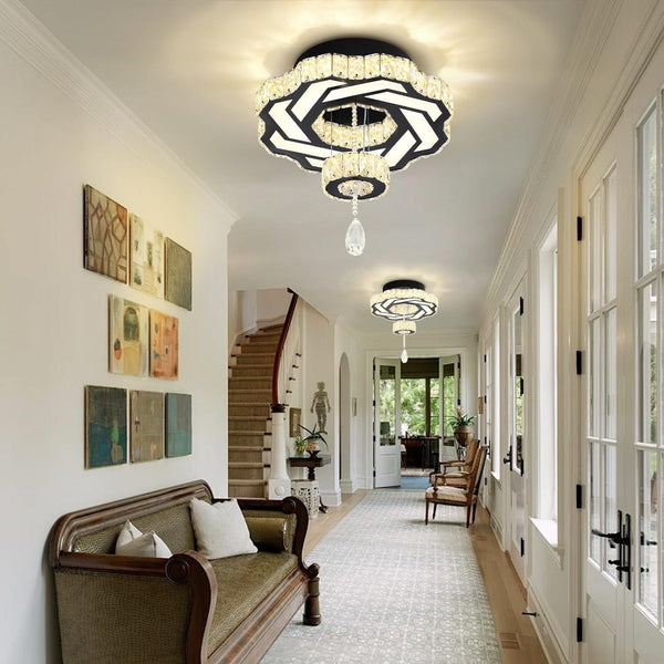 16 Inch Mini Chandelier Modern Crystal Chandeliers Light Semi Flush Mount Ceiling Light Fixture Small Black Chandelier for Bedroom Hallway Kitchen Foyer6