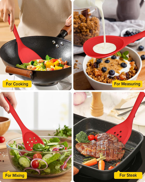 Pack of 4 Silicone Cooking Utensils Set, Non Stick Solid Spatulas and Heat Resistant Slotted Spoons with Back Hooks, Ideal BPA Free Kitchen Utensils Set for Frying,Serving,Turning,Stirring (RED)5