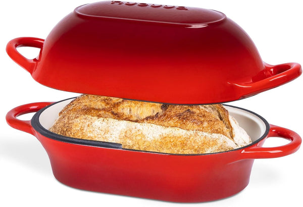Dutch Oven for Sourdough Bread Baking – Enamelled Cast Iron Bread Loaf Pot – Oven Safe Non Stick Bread Pot – Rectangular, Red, 24Cm X 16Cm – by1