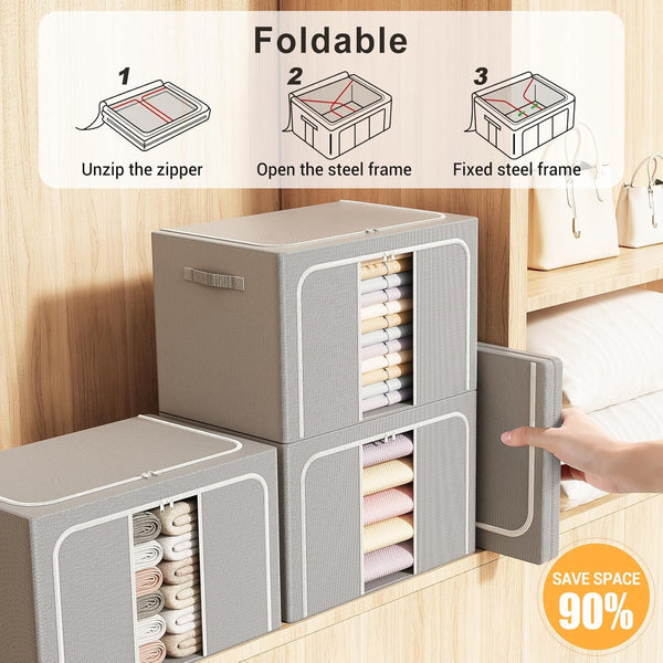 Clothes Storage Bins with Metal Frame Foldable Storage Box Clothes Organizers Storage Containers for Clothes Sheets Blankets Books Toys Gifts and Holiday Decorations (24Lx3 Pack)4
