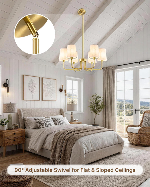 6-Light Gold Chandelier for Dining Room, No Assembly Modern Chandelier Light Fixture with White Linen Shades, UL Listed 25" Farmhouse Brass Dining Room Light Fixture Bedroom Entryway Foyer7