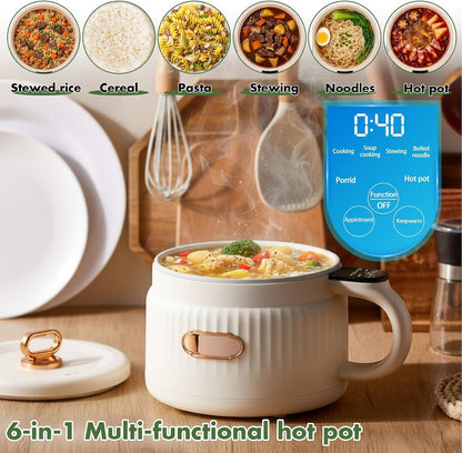 1 Pcs 1.6 L Electric Ramen Rice Cooker Hot Pot Electric Noodle Cooker, Boil Dry Protection, Non-Stick Ceramic Coating Multi-Functional Lazy Pot 6 Functions: Rice, Soup & More (Yellow)6