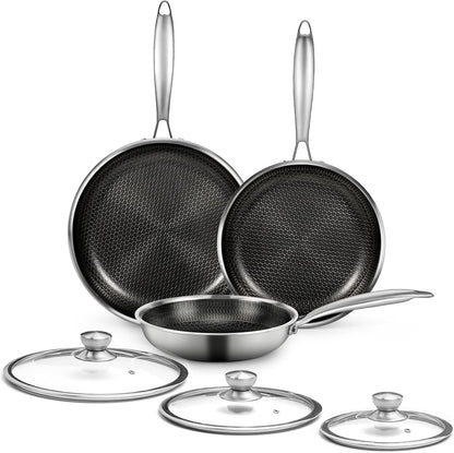 6 Pieces Stainless Steel Frying Pan Set with Lids(8"+9.5"+11") | Honeycomb Nonstick Frying Pan Set, Induction & Oven Safe, Stay-Cool Handles, Compatible with All Cooktops, PFOA Free1