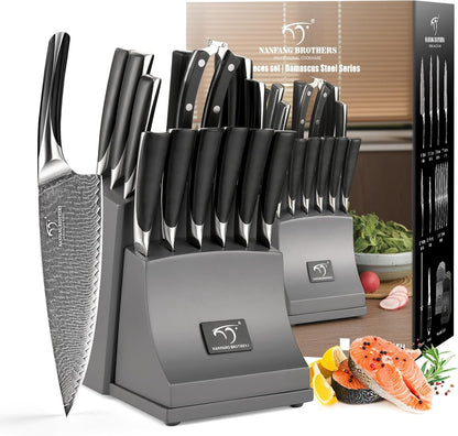 15-Piece Damascus Knife Set with Block, VG10 Steel Core | 67-Layer Damascus, Hrc60±2 Razor-Sharp, Abs Ergonomic Handle, Detachable Easy-Clean Block, for Daily Meal Prep & Home Cooking1