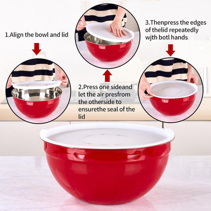 Red Mixing Bowls with Lids Set of 7, Stainless Steel Nesting Bowl with Khaki Lid for Non-Slip Mixing Prepping Storing Serving, 7 Sizes-7/3.6/2.7/2.1/1.5/1/0.8 QT3