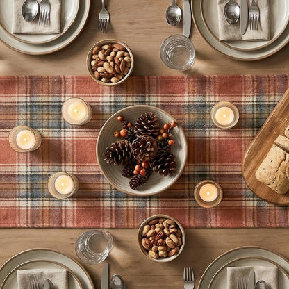 Rust Farmhouse Plaid Fall Table Runner 13X72 Inch | Holiday Kitchen Dining Table Decoration for Home Party Decor, Autumn Thanksgiving Rustic Check4