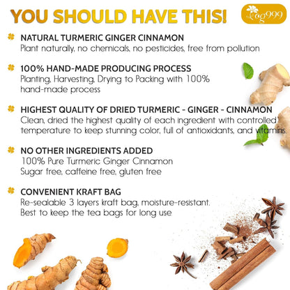 120 Bags Premium Turmeric Ginger Cinnamon Tea, Improve Digestion, Support Brain, Weight, Skin and Sleep, Eco-Conscious Tea Bags and Premium Natural Ingredients. Turmeric Ginger Herbal Tea. No Sugar, No Caffeine, No Gluten, Vegan.3