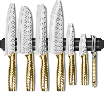 Kitchen Knife Set 14 Pcs with Magnet Holder, Strong Magnetic Knife Strip for Wall, Knives Block Set with Sheath, Chef Knives and Santoku Knives, Stainless Steel Blade, Dishwasher Safe -Gold1