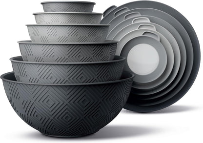 Mixing Bowls with Lids - 12 Piece Plastic Nesting Bowls Set Includes 6 Prep Bowls and 6 Lids, Microwave Safe Mixing Bowl Set, Grey Rhombus1