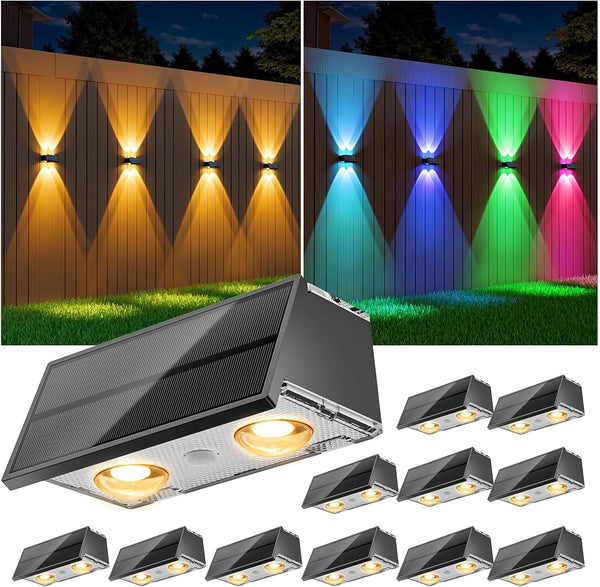 Solar Fence Lights,12 Pack Deck Light,Led Outdoor Lights 3000K/4500K/6000K+ RGB up & down Wall Lights Waterproof,Solar Powered Light for Backyard/Pool/Railing/Patio/Porch/Step Black1