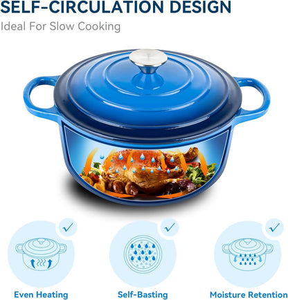 6 Quart Enameled Dutch Oven Pot with Lid, Cast Iron Dutch Oven with Dual Handles for Bread Baking, Cooking, Non-Stick Enamel Coated Cookware (Dark Blue)2