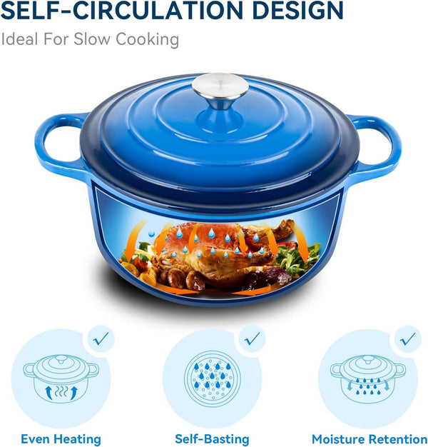 6 Quart Enameled Dutch Oven Pot with Lid, Cast Iron Dutch Oven with Dual Handles for Bread Baking, Cooking, Non-Stick Enamel Coated Cookware (Dark Blue)2