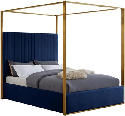 Contemporary Velvet King Bed, Navy Finish, Deep Channel Tufting, Brushed Brass Metal Frame, Full Slats, Canopy Height 78.5", Headboard Height 60.5", Elegant Bedroom Furniture1