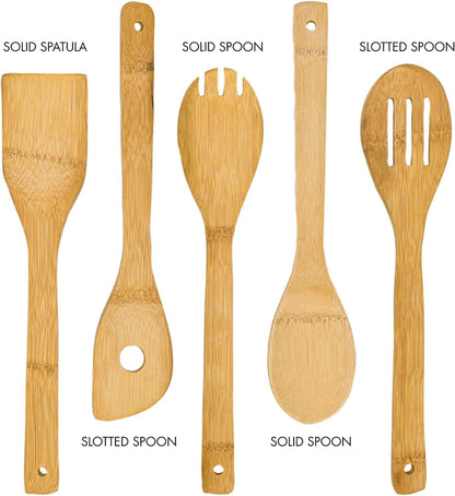 6Pc Bamboo Wooden Cooking Utensil Set with Holder Nonstick Safe Kitchen Tools, Dishwasher Safe7