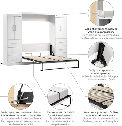 Queen Murphy Bed with 2 Wardrobes, White, Nebula, 115W5