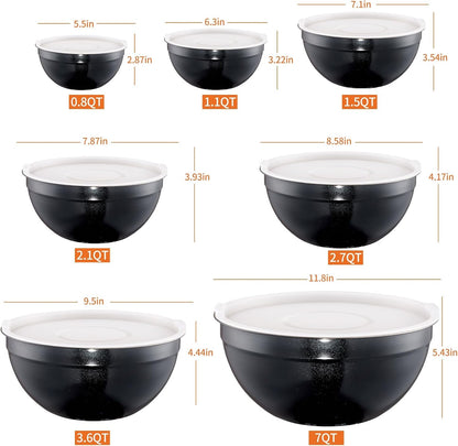 Black Mixing Bowls with Lids Set of 7, Stainless Steel Nesting Bowl with Khaki Lid for Non-Slip Mixing Prepping Storing Serving, 7 Sizes-7/3.6/2.7/2.1/1.5/1/0.8 QT2