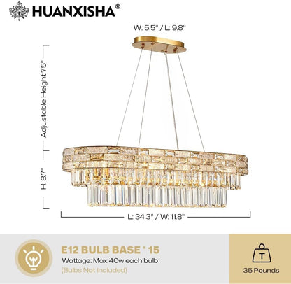 34.3" L Modern Crystal Chandeliers for Dining Room 12 Lights Gold Chandelier Large Luxury Chandelier Pendant Light Fixture, Kitchen Island,Entryway,Living Room 34.3" L X 8.7" H3