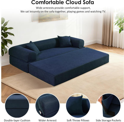 80" Corduroy Convertible Sofa Bed, 3-In-1 Boneless Couch Navy Blue4