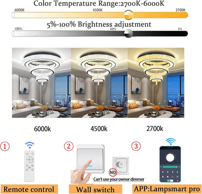 Modern Led Ring Chandelier for Living Room Luxury 3 Ring Crystal Chandelier Lighting 40In Black LED Dimmable Flush Mount Chandelier8