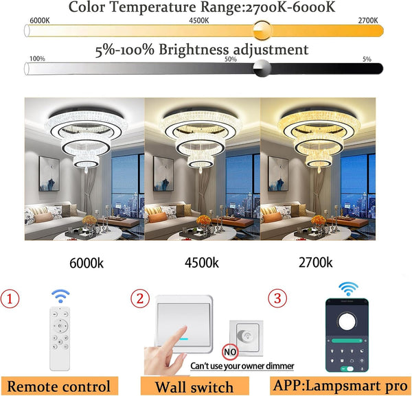 Modern Led Ring Chandelier for Living Room Luxury 3 Ring Crystal Chandelier Lighting 40In Black LED Dimmable Flush Mount Chandelier8