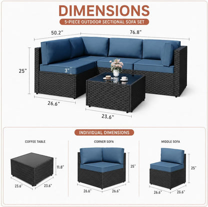 5-Piece Patio Furniture Set, Outdoor Wicker Sectional Sofa with 4-Inch Thick Cushions & Coffee Table, All-Weather PE Rattan Conversation Set for Backyard, Garden, Poolside, Aegean Blue2
