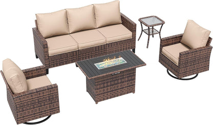 Patio Furniture Set with Fire Pit Table, Wicker Outdoor Sectional Sofa with Swivel Rocker Chairs, All-Weather Rattan Conversation Set, Waterproof Cover for Backyard, Deck Brown/Khak 5 PCS9
