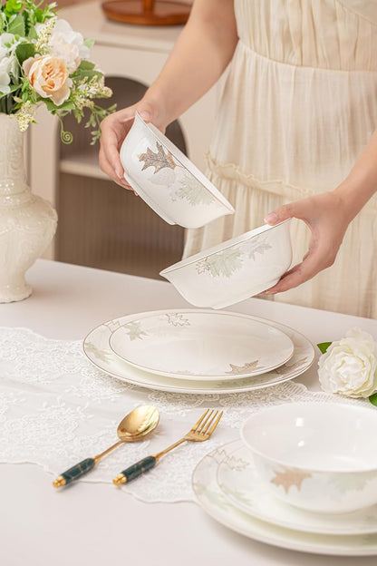 12 Piece Bone China Dinnerware Set for 4, Maple Leaf Gold Trim Gift8
