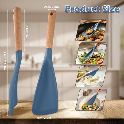 Cooking Spoon for Nonstick Cookwares, Multifunction Spatula Spoon, Great for Both Cooking and Serving, Wood Handle Spoon for Stirring, Mixing, Serving (2, BLUE)2