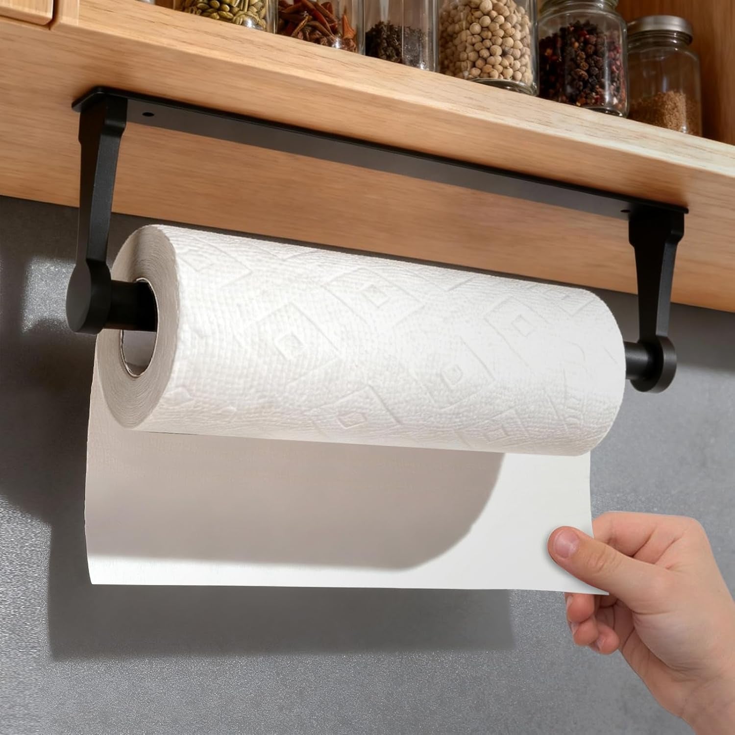black-paper-towel-holder-under-cabinet-adhesive-paper-towel-holder-wall-mount-toilet-roll-holders-rack-for-kitchen-bathroom-garage-counter-anti-drop-upgraded-telescopic-rod-design-roll