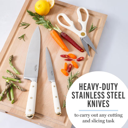 Knife Block Set 16-Piece - Lockton High Carbon Stainless Steel Forged Full Tang Chef Knives, Acacia Wood Block, Triple Riveted Handles, Linen White & Gold4