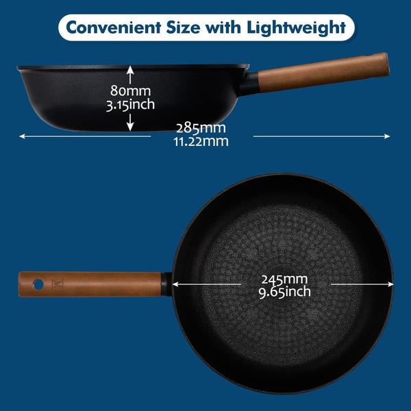 Aluminum Body Flat Bottom Wok, Restaurant & Business Grade Fry Pan Titanium Coated Non-Stick Surface, Wooden Handle, Made in Korea, Deep Large Skillet, Black(17.91"L X 11.22"W X 3.15"H)3