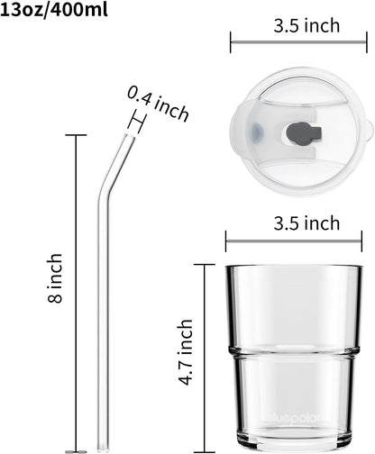 13Oz/400Ml Iced Coffee Cups with Lids and Straw，Sealed Carry on Thick Wall Glass Matcha Tumbler for Juice，Water, Late,Tea Fits Car Cup Holders for Office，Gym(Aurora White9