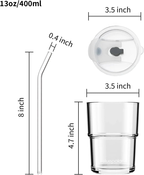 13Oz/400Ml Iced Coffee Cups with Lids and Straw，Sealed Carry on Thick Wall Glass Matcha Tumbler for Juice，Water, Late,Tea Fits Car Cup Holders for Office，Gym(Aurora White9