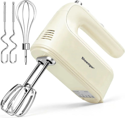 Electric Hand Mixer, 300W Handheld Mixer with 5 Stainless Steel Accessories, 5 Adjustable Speeds + Turbo Boost & Self-Control, One-Button Eject, Food Beater for Cakes, Eggs, Dough (Beige)1